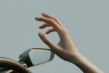 Hand reaching gracefully near modern electric vehicle side mirror, soft natural light, minimalistic background, futuristic transportation, elegant gesture, smooth skin, calm atmosphere