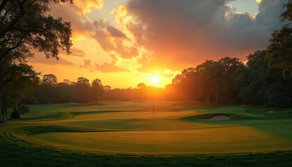 Golden sunset light illuminates green golf course. Sun dips below horizon, casting long shadows across fairways, putting greens. Trees line scenic landscape, creating peaceful evening view for sport