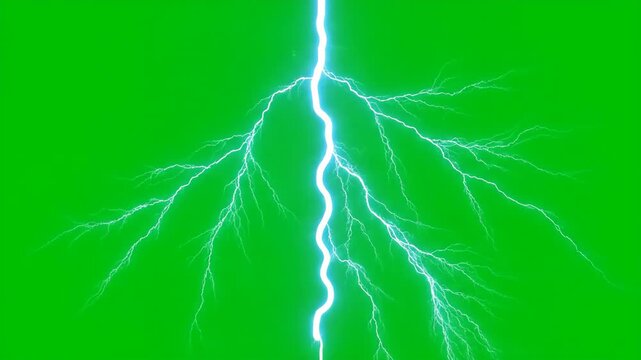 Dramatic branching lightning bolt on a vast green screen background with deep focus, pre-keyed VFX dynamic, electric, thunder