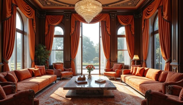 Luxury interior photo depicts opulent living room. Room features large windows elegant orange curtains. Sofas armchairs marble coffee table chandelier create lavish atmosphere.