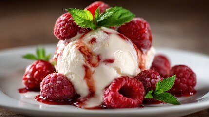 An enticing dessert featuring creamy ice cream topped with fresh raspberries and a luscious raspberry sauce, elegantly presented on a white plate.