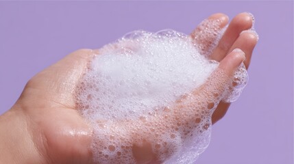 Hand Holding White Soap Suds Bubbles Close Up Clean Fresh Hygiene Lather Washing