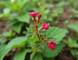 Obraz premium Close up view of small pink flowers with green leaves in a garden. Plants grow in soil with soft focus background, natural outdoor setting. Healthy green leaves and vibrant pink blossoms bloom.