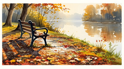 Peaceful Autumn Watercolor Landscape with Park Bench, Fallen Leaves, and Lake Reflection