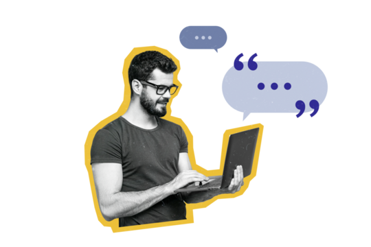 Composite photo collage of smile man hold macbook device correspondence concept email messenger app sms isolated on painted background - Powered by Adobe