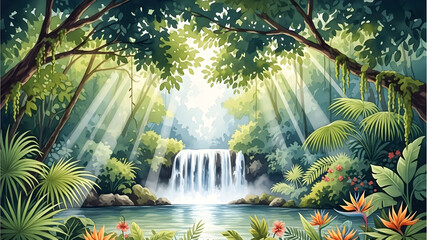 Lush Tropical Rainforest Jungle Landscape with Waterfall and Sun Rays Illustration