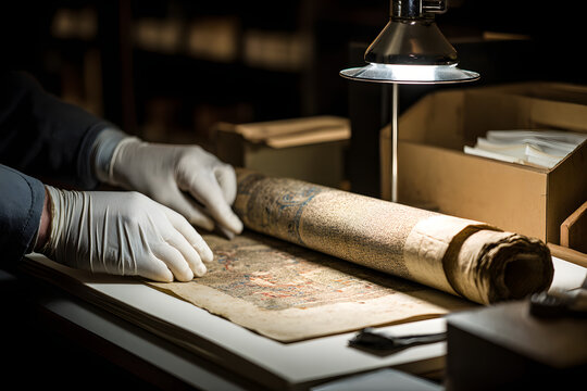 Preserving History's Secrets: A person carefully handles an ancient manuscript. Illuminated by a focused light source, the scene captures the essence of preservation.