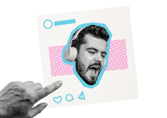 Composite photo collage of happy man celebrity blogger inside post wear headphones sing song hand push like isolated on painted background