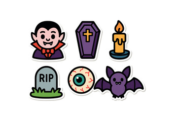 cute colorful Halloween celebration sticker set with bold black outline and white border including vampire coffin candle tombstone eyeball and bat minimal style isolated on light background
