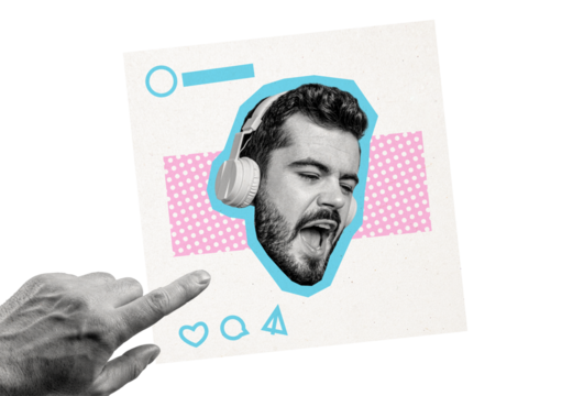 Composite photo collage of happy man celebrity blogger inside post wear headphones sing song hand push like isolated on painted background