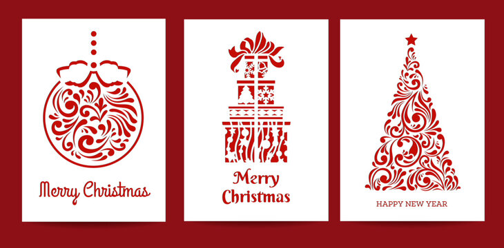 Merry Christmas and Happy New Year Set of greeting cards, posters, holiday covers. Modern Xmas design in red and white colors. Christmas tree, balls, presents, decor elements