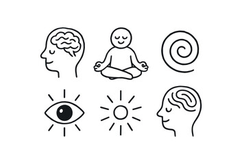 hand drawn cute doodle style line isolated on white background: deep consciousness meditating figure spiral icon eye glow calm rays mind lines