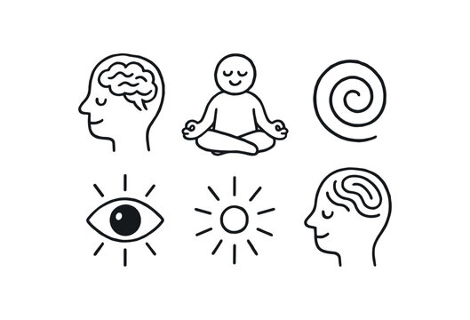 hand drawn cute doodle style line isolated on white background: deep consciousness meditating figure spiral icon eye glow calm rays mind lines