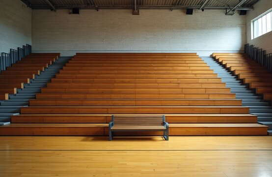 Empty gym seating area with wooden bleachers and a bench on polished wood floor. Sunlight streams in from a large window, illuminating the vacant space.