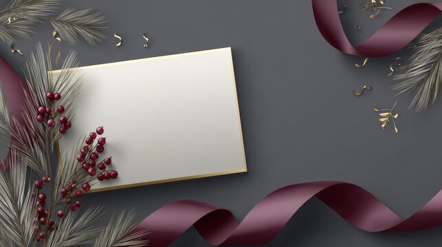 Elegant blank card with festive ribbon and branches for celebration announcements.