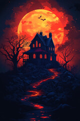 Glowing line art haunted house on dark background
