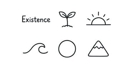 hand drawn cute doodle style line isolated on white background: existence tree sprout sunrise arc wave path circle mountain base