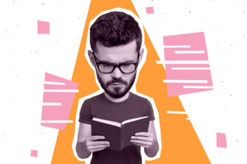 Creative picture collage young man nerd read book literature education study university learner enlarged head caricature