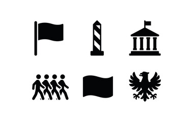 Fototapeta premium flat black solid icon items isolated on white background: country flag border pole embassy hall parade march fabric wave national crest