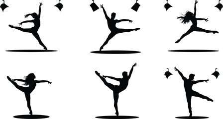 Elegant Ballet Dancers Silhouette with Graduation Caps Celebrating Achievement and Grace in Artistic Motion – Perfect for Dance and Education Themes