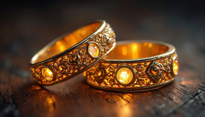 Two ornate gold rings with gemstones on wood