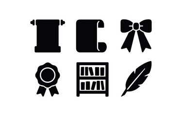 flat black solid icon items isolated on white background scroll tip rolled paper ribbon tie wax seal archive shelf ink quill