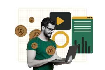 Composite photo collage of happy businessman type macbook device trader browsing bitcoin coin profit nft isolated on painted background