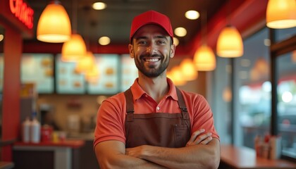 Friendly bearded male employee in red cap, apron smiles wide. Works in vibrant fast food restaurant setting. Worker stands with crossed arms inside modern eatery. Happy service staff welcomes