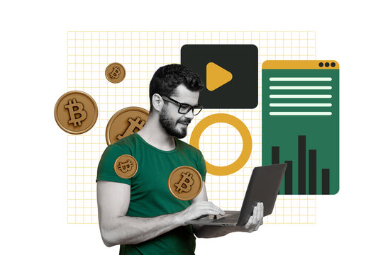 Composite photo collage of happy businessman type macbook device trader browsing bitcoin coin profit nft isolated on painted background
