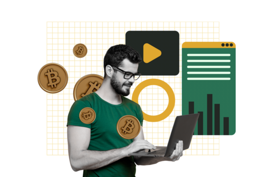 Composite photo collage of happy businessman type macbook device trader browsing bitcoin coin profit nft isolated on painted background