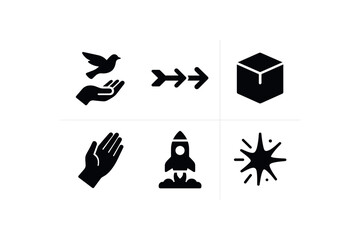 Obraz premium flat black solid icon items isolated on white background: release arrow flow box icon hand launch line signal burst