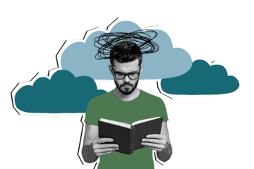 Composite photo collage of concentrated man academic read book library exam preparation study education isolated on painted background