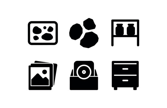 flat black solid icon items isolated on white background: item collection rock samples jar shelf photo stack record box cabinet