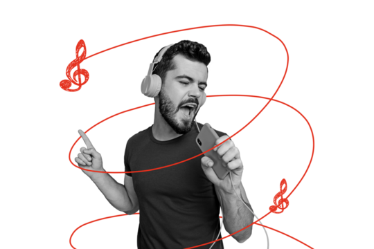 Composite photo collage of happy man wear headphones listen music sound melody hold phone device party isolated on painted background