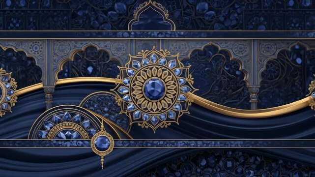 Opulent Blue and Gold Ornate Design Featuring Sparkling Sapphire Jewels and Intricate Patterns