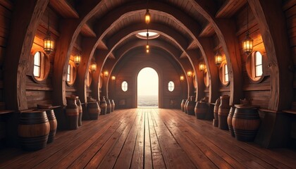 Obraz premium Interior of wooden ship cargo hold with many barrels. Arched wooden beams line the ceiling. Lanterns glow, illuminating the pathway to the ocean view. Old maritime scene.