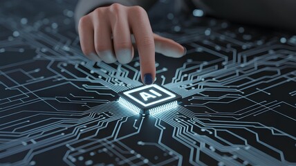 Artificial intelligence AI circuit board in shape electronic PCB circuit icon symbol on businessman hand finger pressing with cyberpunk neon cyberspace lighting. Innovative technology Machine learning