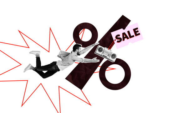 Composite trend artwork sketch image collage of big sale black friday percent discount silhouette young guy fly hold boombox listen music