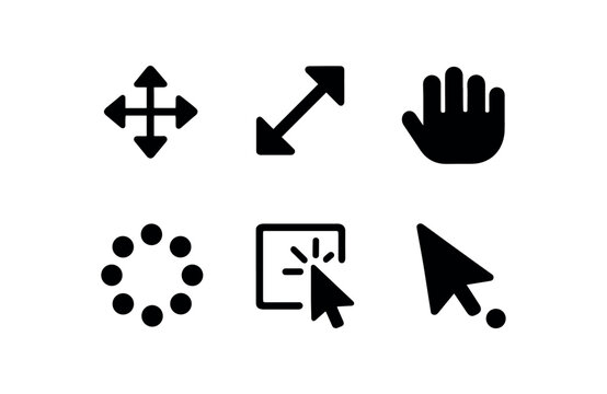 flat black solid icon items isolated on white background: cursor cross resize arrow grab hand loading wheel click box cursor dot