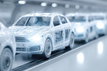 Wireframe car on automated line: future automotive production design.