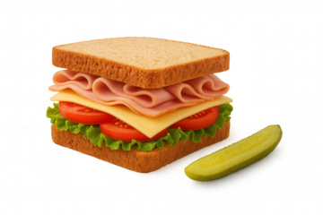 Delicious ham and cheese sandwich on whole wheat bread with fresh vegetables and a pickle, transparent background