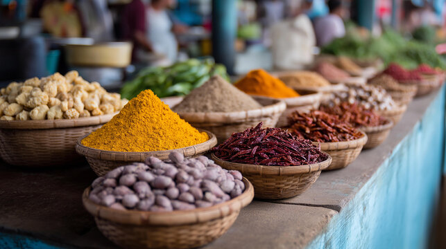 Bustling market with aromatic spice piles, economic prosperity in culinary trade, market vitality through spice diversity, agricultural abundance in traditional stalls, consumer en