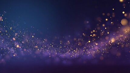 Abstract background with a dark blue and purple gradient, featuring a flowing wave of golden and purple shimmering particles and bokeh lights