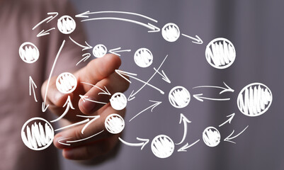 Conceptual image of a human hand interacting with a digital network, illustrating data flow, process management, and strategic connections for b