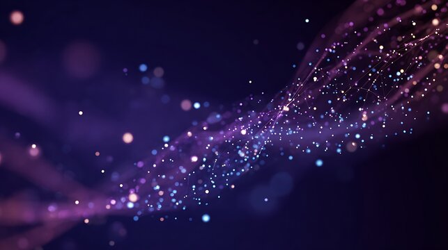 Abstract swirling wave of purple and blue glowing particles and bokeh on a dark background, digital art