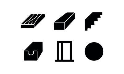 flat black solid icon items isolated on white background plank edge timber beam saw mark groove notch stud nail head