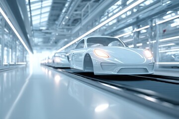 Obraz premium Sleek car bodies on automated line, bright modern factory production.