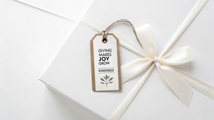 A pristine white gift box with a cream ribbon and tag that says "Giving Makes Joy Grow Kindness