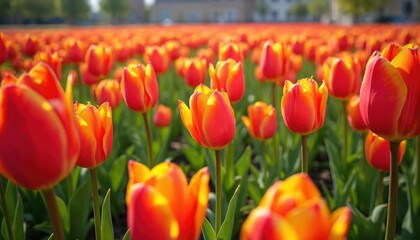 Vast field of red and yellow tulips under a clear blue sky. Sunlight illuminates the colorful blossoms, creating a vibrant floral landscape. Green stems and leaves contrast with the bright petals.