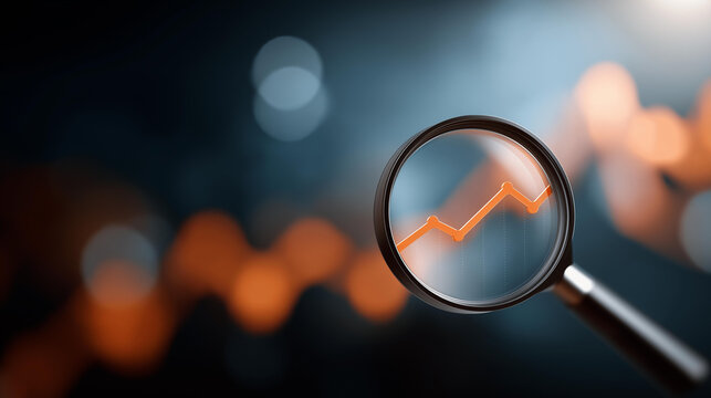 Magnifying glass over a rising orange graph, economic prosperity in market growth, market vitality through analytical tools, investment opportunities in business success, consumer